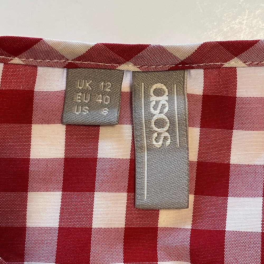 ASOS Gingham Babydoll Dress Womens Size 12 Red Tie Front Bell Sleeve Americana - Picture 5 of 9